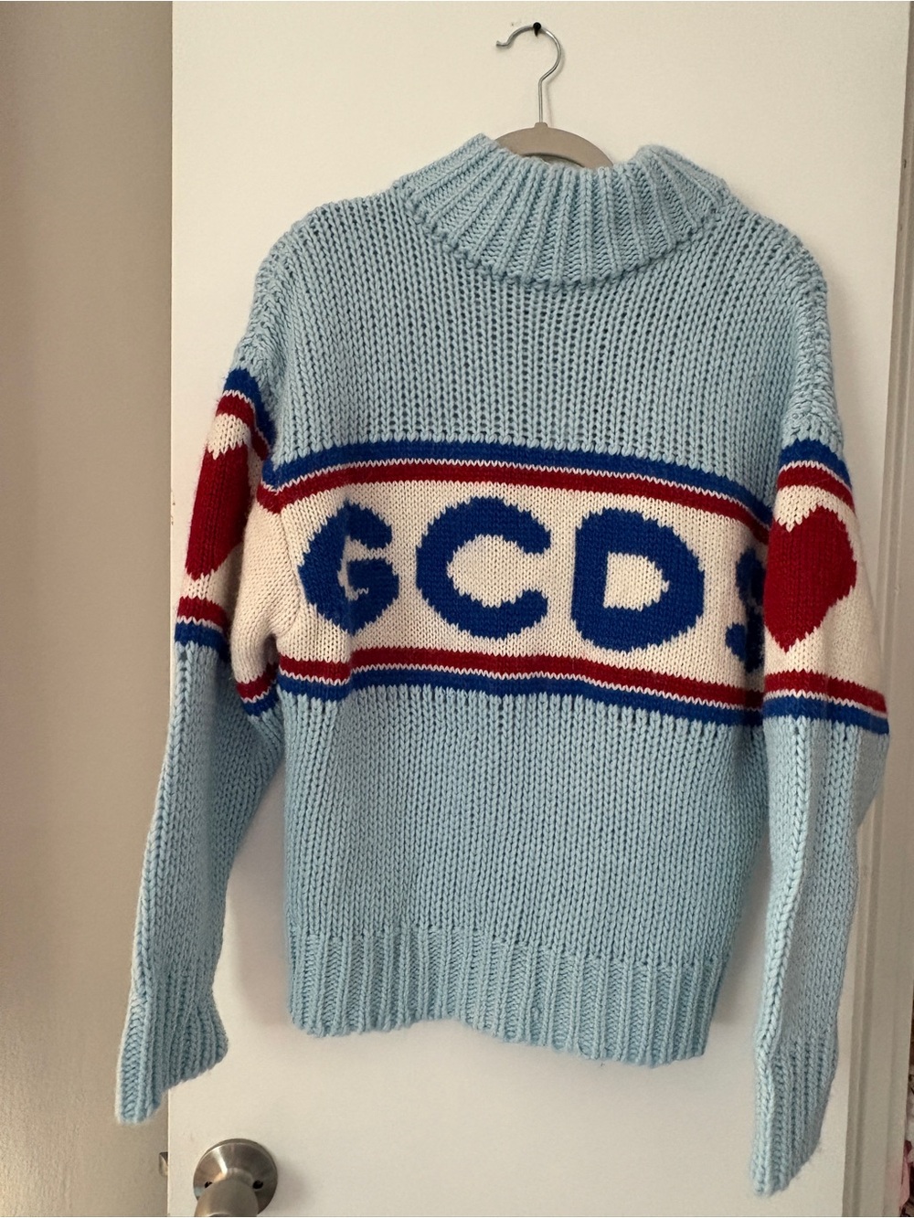 GCDS Light Blue Knit Turtleneck Sweater with Blue & Red Accents